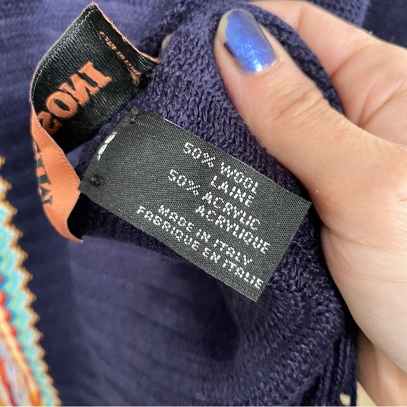 Missoni Wool Blend Knit Zigzag Designer Scarf Fringe Multicolour Blue Italy - Picture 9 of 11